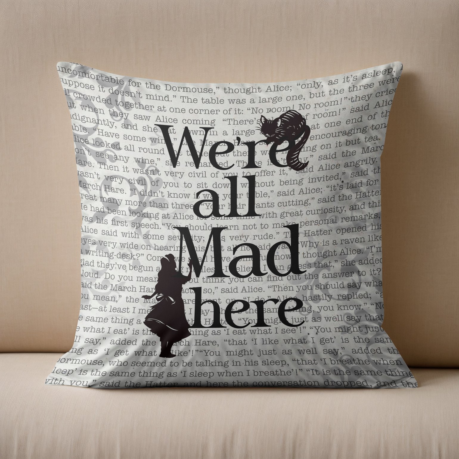 Image of ‘We’re All Mad Here’ Alice in Wonderland Cushion