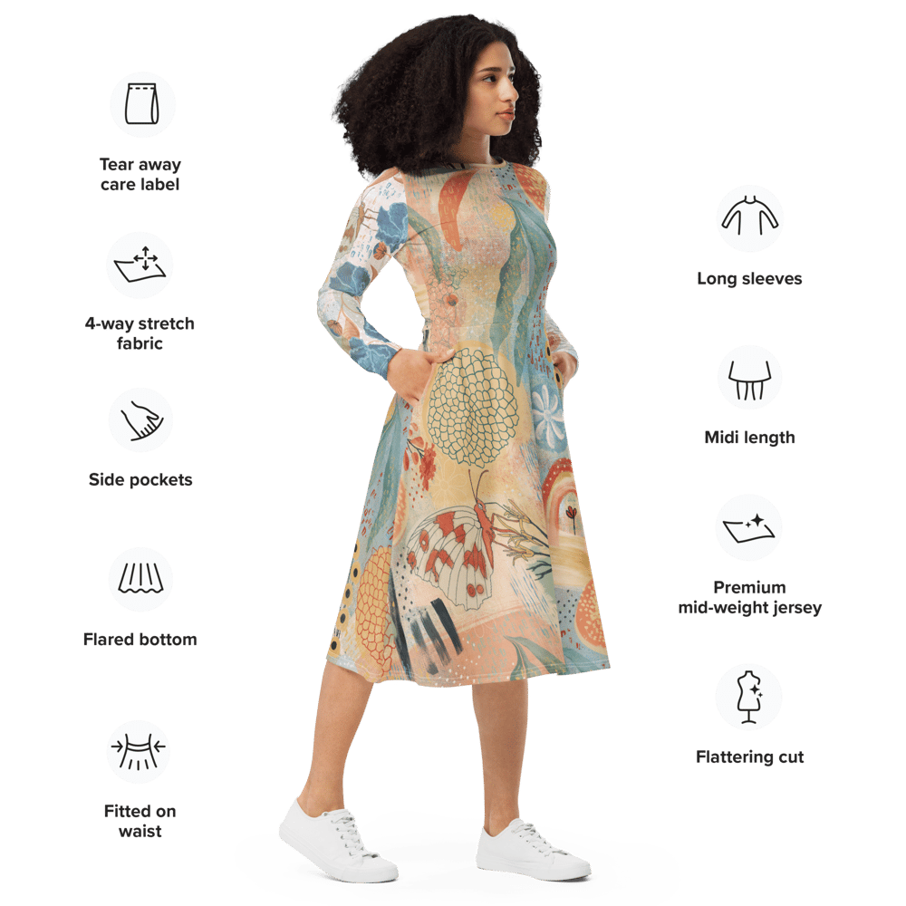 Image of All-over print long sleeve midi dress