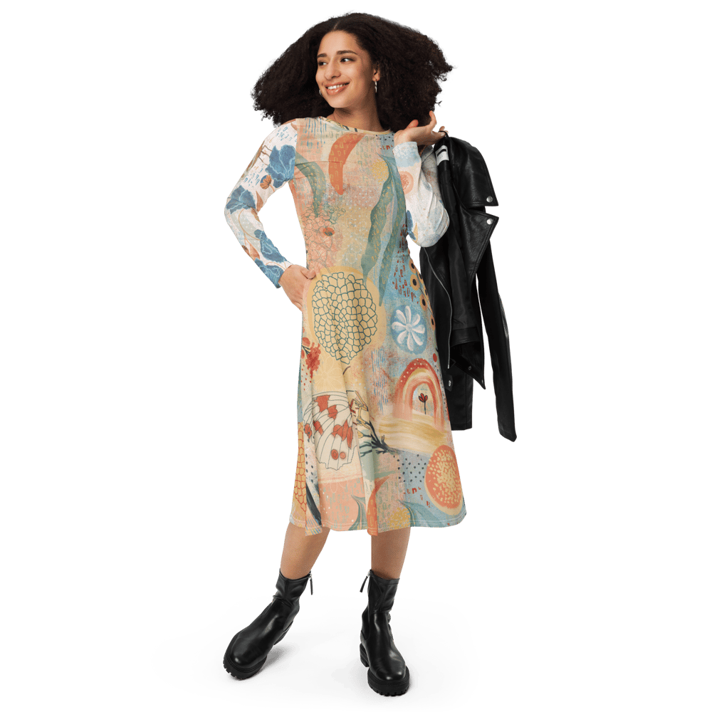 Image of All-over print long sleeve midi dress