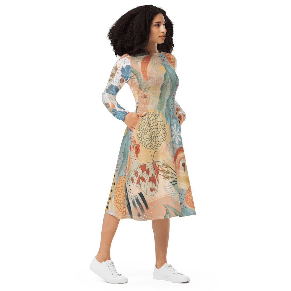 Image of All-over print long sleeve midi dress