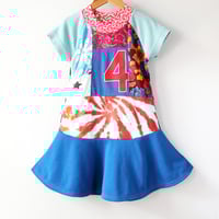 Image 1 of blue red patchwork fun HAPPY 4TH BIRTHDAY 4T FOUR 4 FOURTH BDAY short sleeve courtneycourtney dress