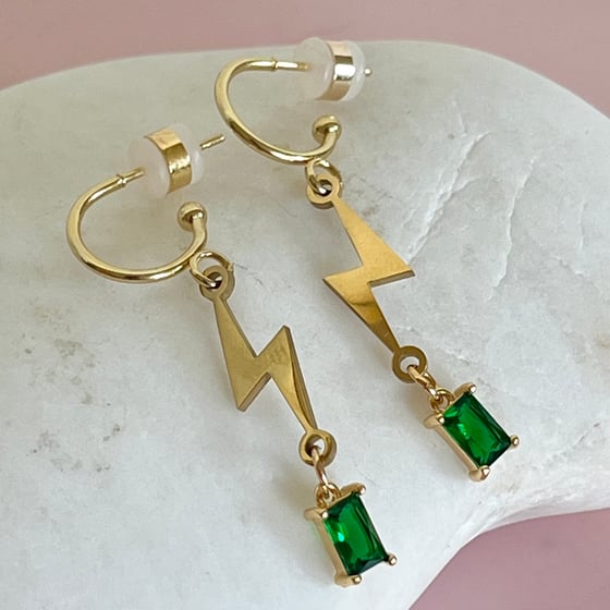 Image of Green Glass Lightning Bolt Half Hoops