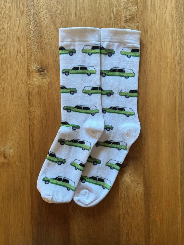 Image of Six Feet Under - Green Hearse SOCKS (Claire Fisher Tribute!)