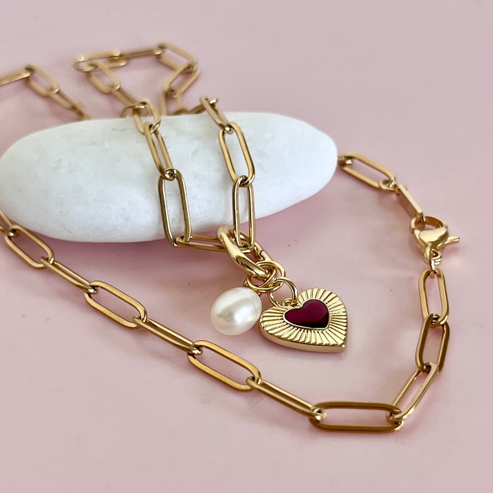 Image of Heart and Pearl on a Paperclip Chain