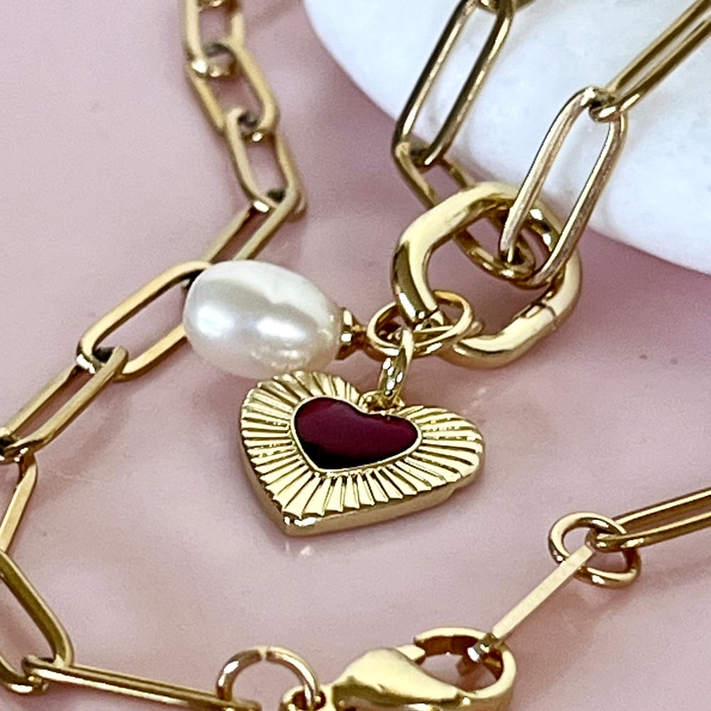 Image of Heart and Pearl on a Paperclip Chain