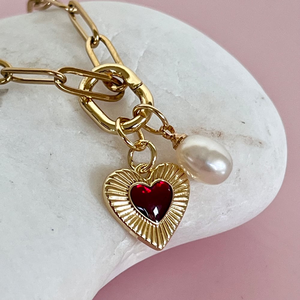 Image of Heart and Pearl on a Paperclip Chain