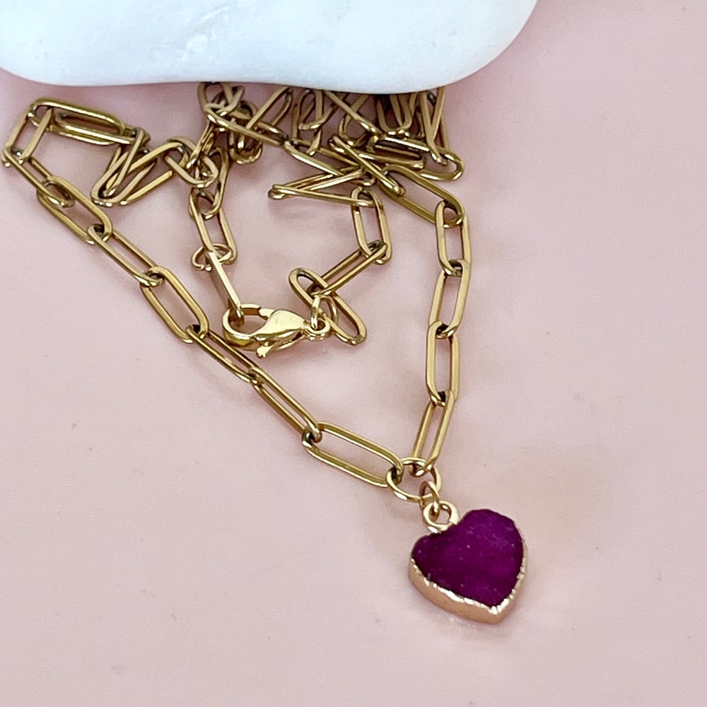 Image of Ice Quartz Heart (Purply/Pink) on a Paperclip Chain