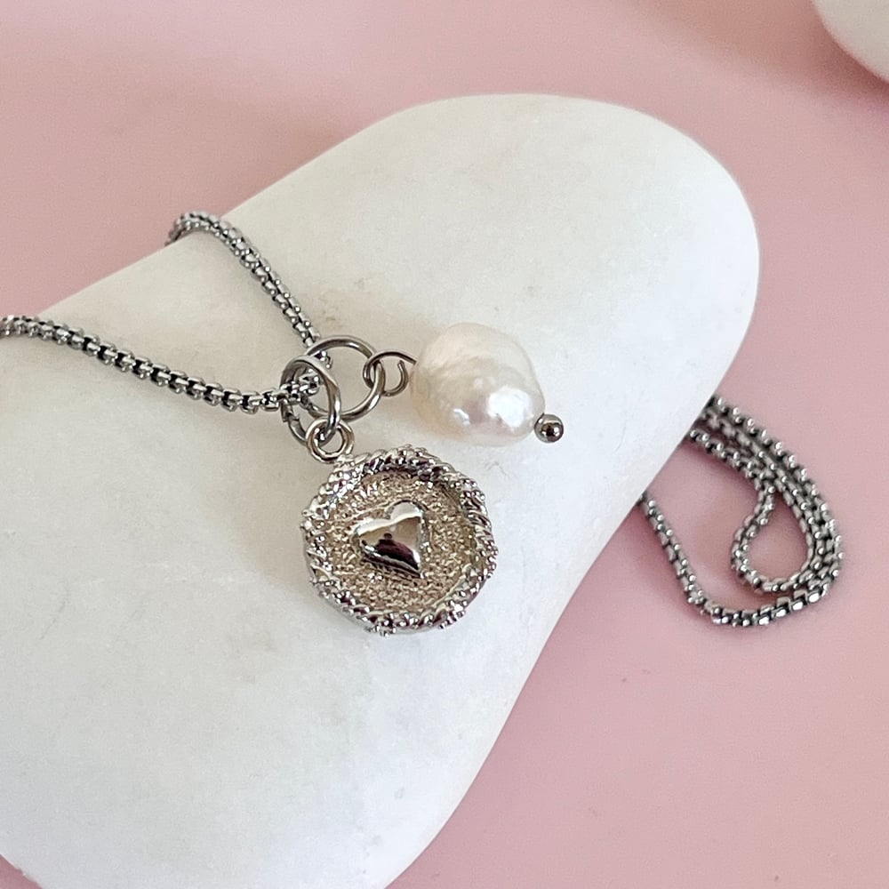 Image of Textured Heart Circle and Pearl Pendant