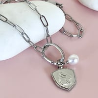 Image 2 of Rabbit Shield and Pearl on a Stainless Steel Paperclip Chain