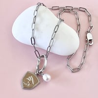 Image 1 of Rabbit Shield and Pearl on a Stainless Steel Paperclip Chain