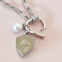 Image 3 of Rabbit Shield and Pearl on a Stainless Steel Paperclip Chain