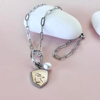 Image 5 of Rabbit Shield and Pearl on a Stainless Steel Paperclip Chain
