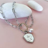 Image 4 of Rabbit Shield and Pearl on a Stainless Steel Paperclip Chain
