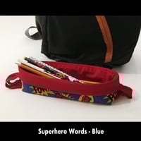 Image 1 of Pencil Pouch - Superhero Words on Blue