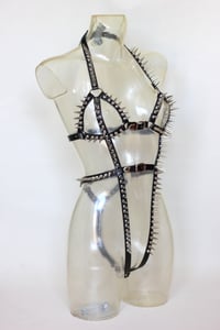 Image 2 of  Sample - Heavy Metal Leather Spiked Monokini Harness in black fauxleather (Size XS/S)