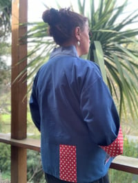 Image 3 of CROPPED LENGTH HAORI COAT - DENIM AND RED/WHITE SPOT