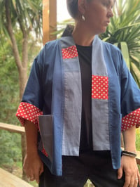 Image 4 of CROPPED LENGTH HAORI COAT - DENIM AND RED/WHITE SPOT