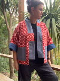 Image 1 of CROPPED LENGTH HAORI COAT - DENIM AND RED/WHITE SPOT