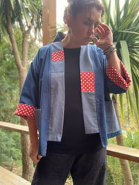 Image 2 of CROPPED LENGTH HAORI COAT - DENIM AND RED/WHITE SPOT