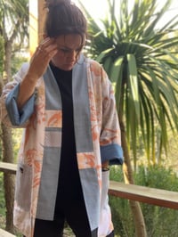 Image 2 of MID LENGTH HAORI COAT - PALE DENIM AND WHITE/ORANGE