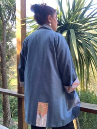 Image 3 of MID LENGTH HAORI COAT - PALE DENIM AND WHITE/ORANGE