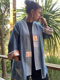 Image 1 of MID LENGTH HAORI COAT - PALE DENIM AND WHITE/ORANGE