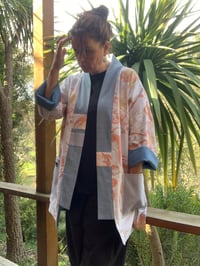 Image 4 of MID LENGTH HAORI COAT - PALE DENIM AND WHITE/ORANGE