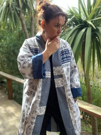 Image 1 of LONG LENGTH HAORI COAT - DENIM AND WHITE/BLUE