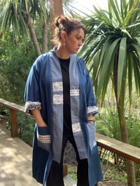 Image 3 of LONG LENGTH HAORI COAT - DENIM AND WHITE/BLUE