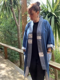 Image 5 of LONG LENGTH HAORI COAT - DENIM AND WHITE/BLUE