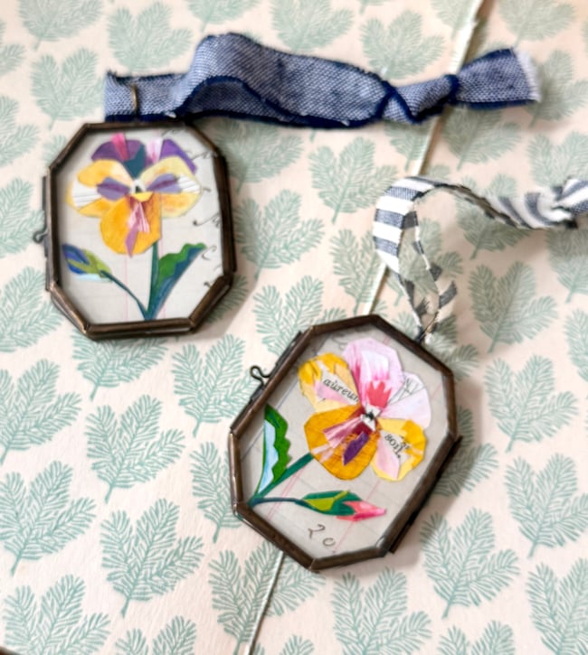 Yellow purple pansy locket ~ giclée print in locket