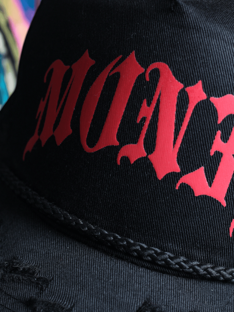 RED MON3Y // BLACK  DISTRESS HAT