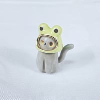 Image 2 of Grey cat with frog hat ceramic figurine (slightly discount)