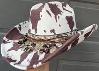 Image 2 of Cow Print Brown Cowboy Hat Layered Crystal & Chain Band 