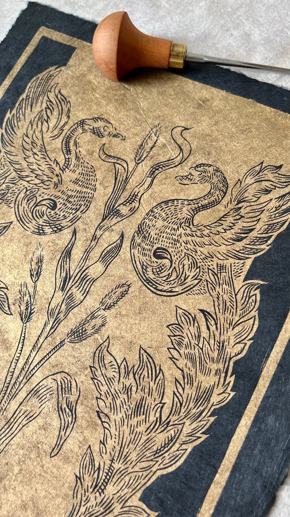 Swans Lino print Gold Black