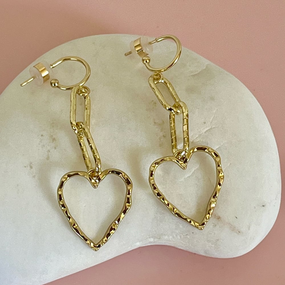 Image of Gold Textured Heart and Chain Half Hoops