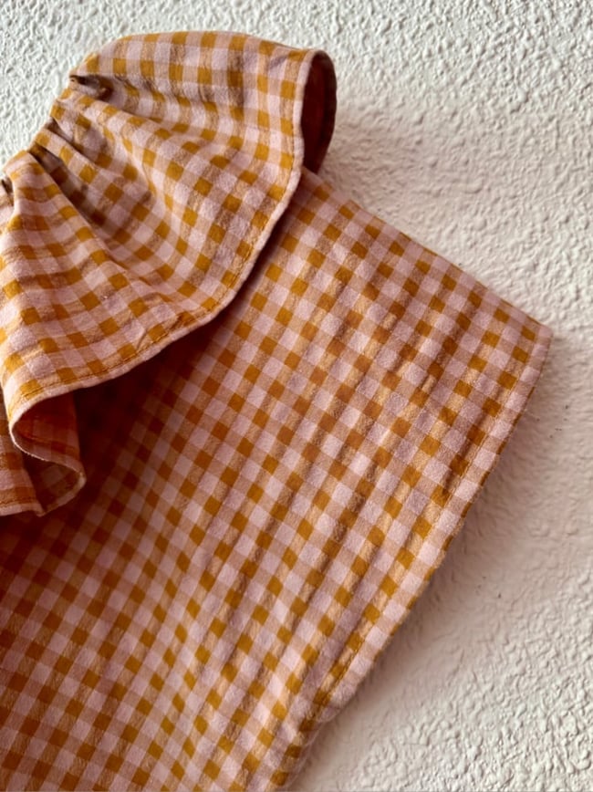 MUSTARD AND PINK VICHY SEERSUCKER HUIPIL WITH RUFFLE