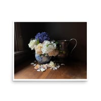Dusty windowsill: roses, blue hydrangea, and white phlox