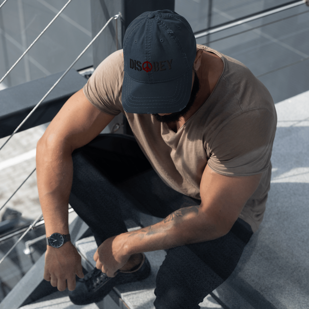 EMBROIDERED DISOBEY DISTRESSED HAT 