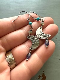 Image 5 of sterling silver crescent moon earrings with opals and turquoise