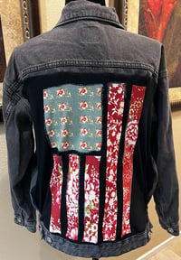 Image 1 of Vintage Black Denim Jean Jacket Floral Flag