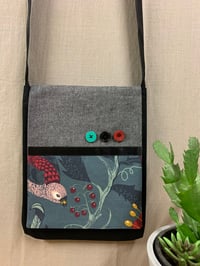 Image 1 of SHOULDER BAG - BLACK AND GREY DENIM WITH BIRD