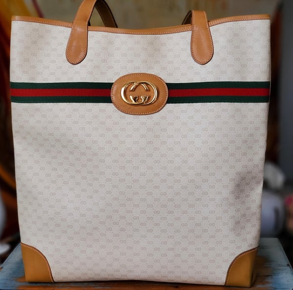 Image of Vtg. Gucci White/Tan Mini Monogram Tote Bag