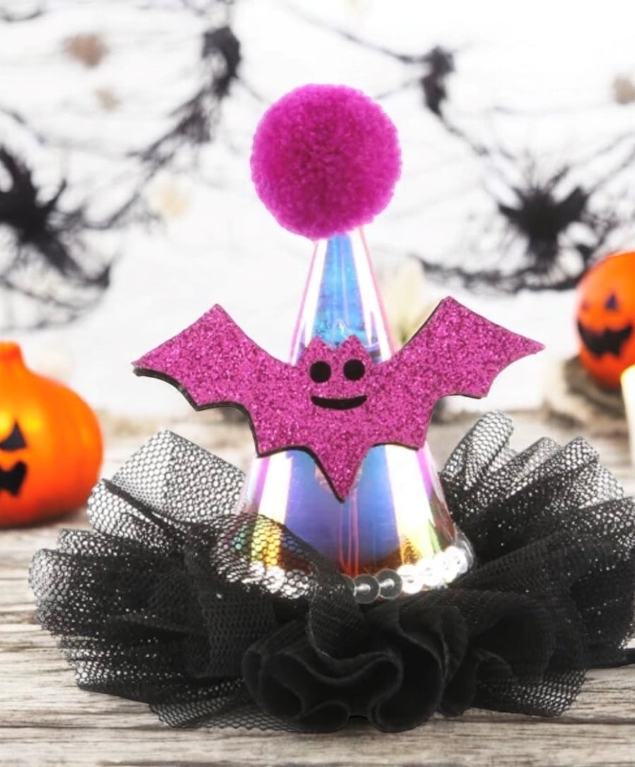Image of Mini Halloween Hair Clip Purple Bat with lights