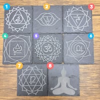 Laser Engraved Chakra Slate Coasters - Premium Set of 7 Chakras + Buddha Slate Coaster Set