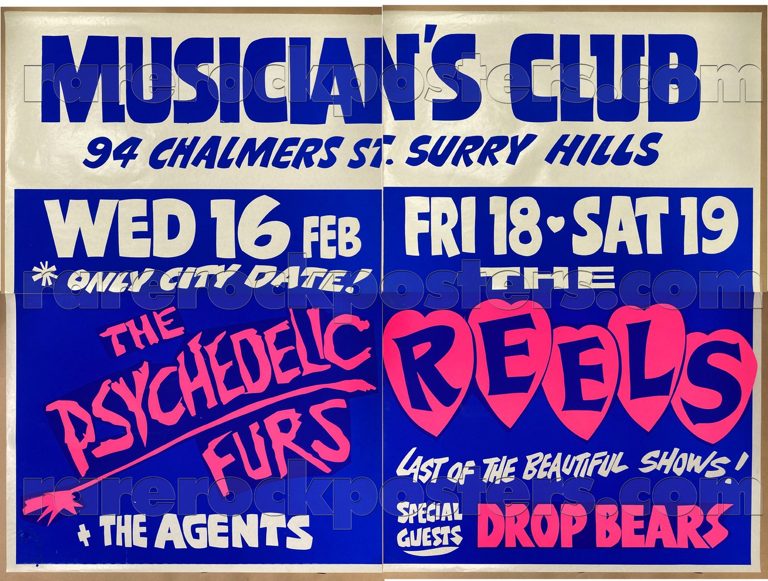 PSYCHEDELIC FURS / REELS / AGENTS / DROP BEARS ~ORIGINAL 1983 AUST 4 SHEET GIG POSTER ~ SYDNEY