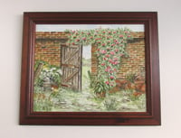 Image 1 of Vintage Watercolour Painting, Walled Garden Gate and Flowers by Jean Batchwell, Framed (frame marks)