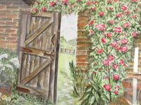 Image 3 of Vintage Watercolour Painting, Walled Garden Gate and Flowers by Jean Batchwell, Framed (frame marks)