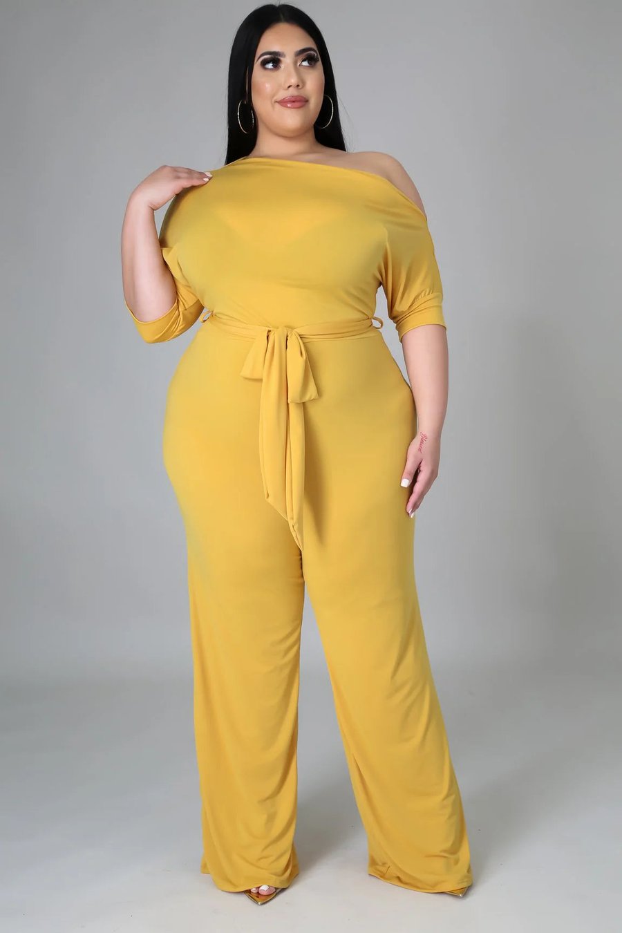 Image of 3PACK PLUS SIZE WIDE LEG JUMPSUIT W/BELT-MUSTARD