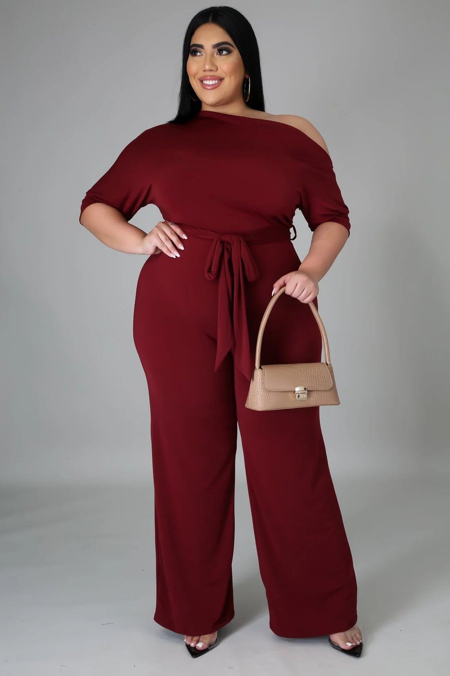 Image of 3PACK PLUS SIZE WIDE LEG JUMPSUIT W/BELT-burgundy